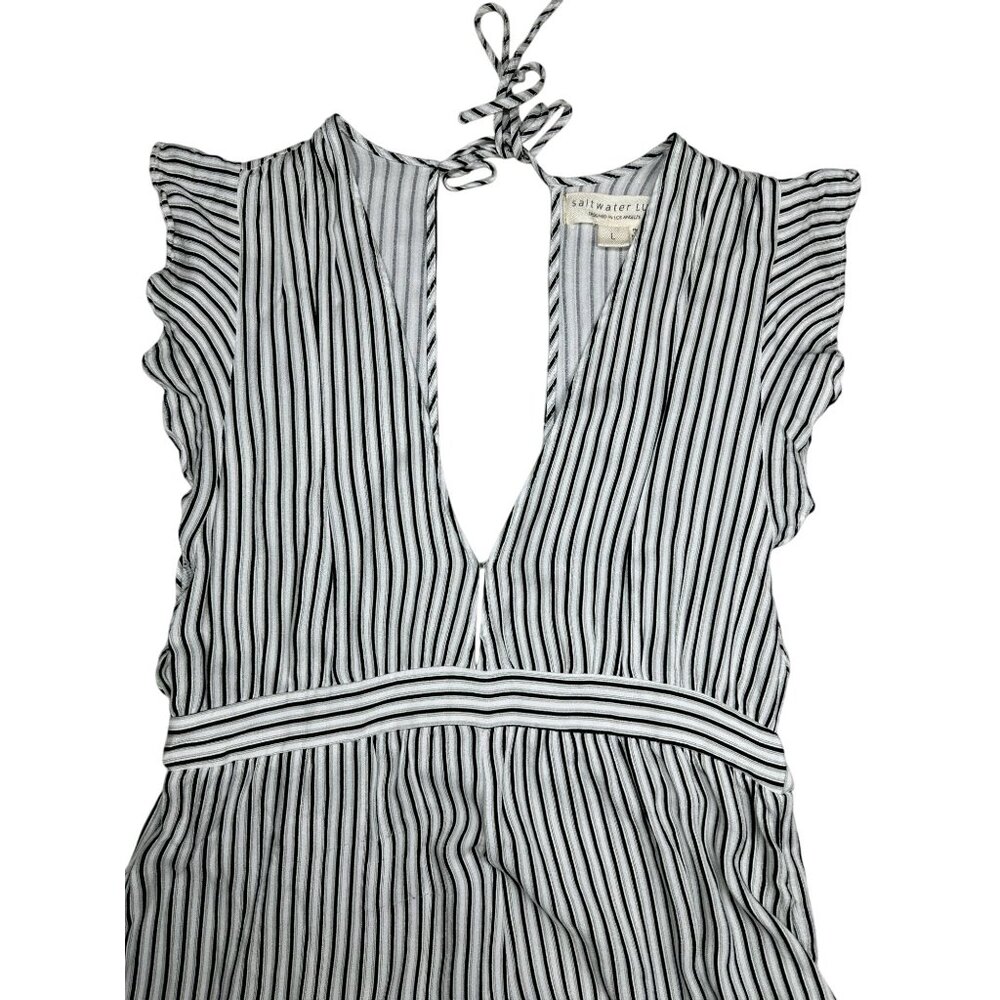 Anthropologie Saltwater LUXE Jumpsuit Large White Black Stripe Wide Leg Boho - Picture 3 of 14